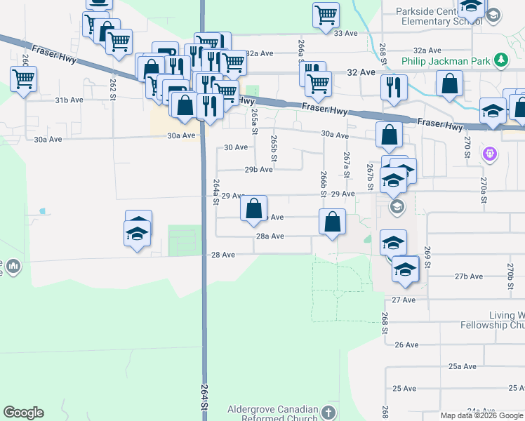 map of restaurants, bars, coffee shops, grocery stores, and more near 26518 28B Avenue in Langley Township