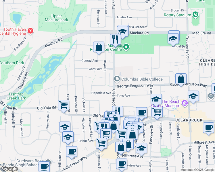 map of restaurants, bars, coffee shops, grocery stores, and more near 31960 Royal Crescent in Abbotsford