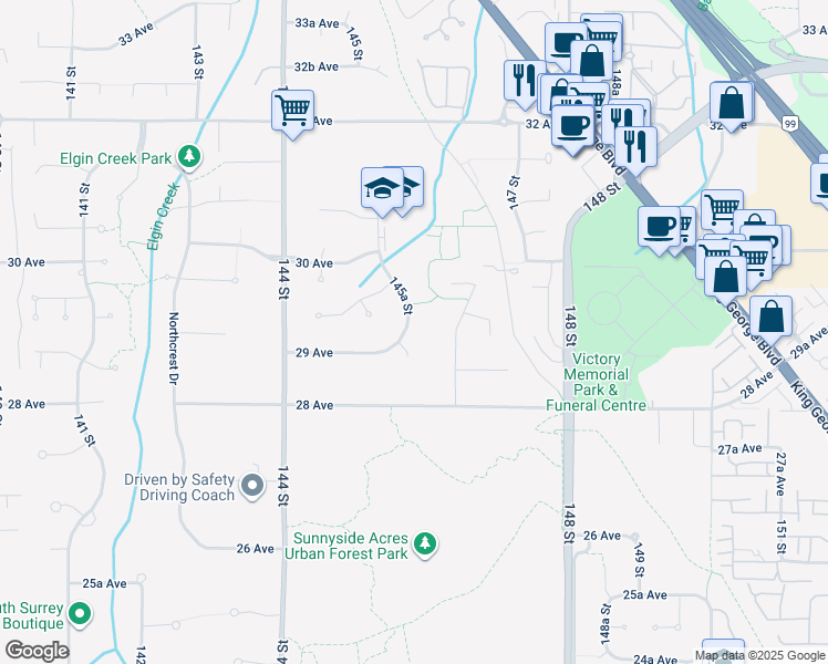 map of restaurants, bars, coffee shops, grocery stores, and more near 2910 145A Street in Surrey