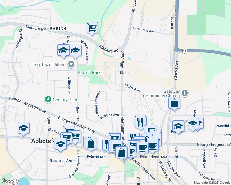 map of restaurants, bars, coffee shops, grocery stores, and more near 33565 McCallum Place in Abbotsford