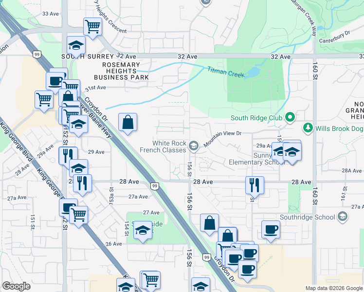 map of restaurants, bars, coffee shops, grocery stores, and more near 2929 156 Street in Surrey