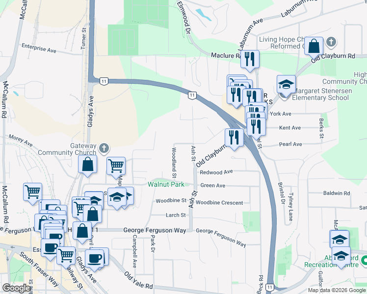 map of restaurants, bars, coffee shops, grocery stores, and more near 34166 Cedar Avenue in Abbotsford