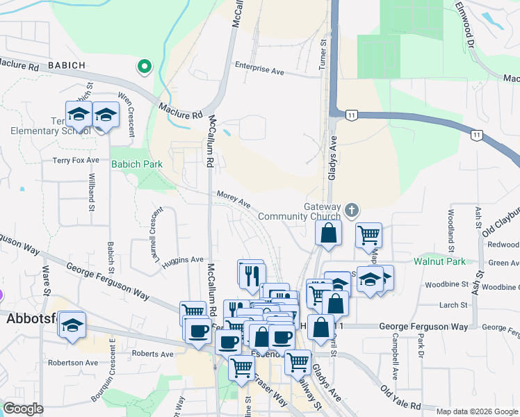 map of restaurants, bars, coffee shops, grocery stores, and more near 33721 Morey Avenue in Abbotsford