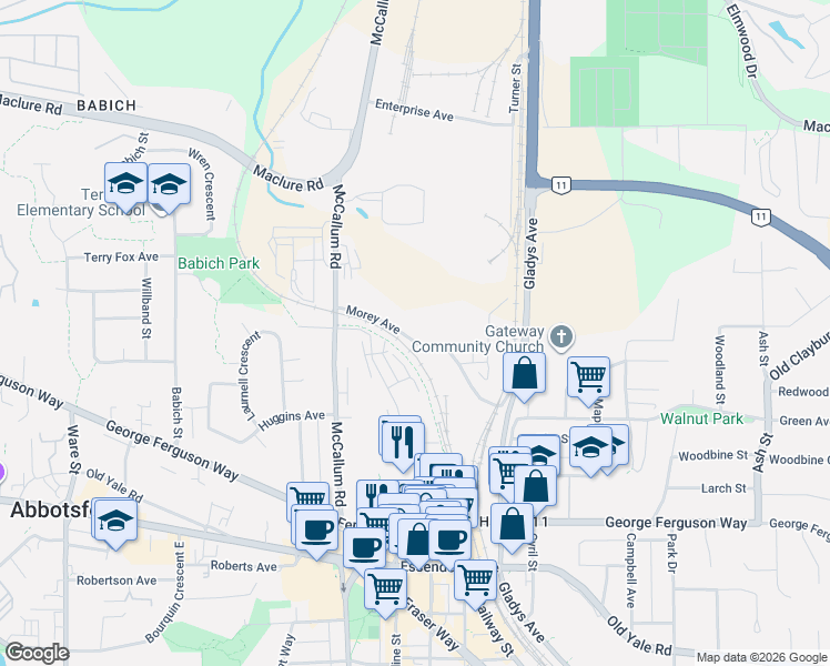 map of restaurants, bars, coffee shops, grocery stores, and more near 33721 Morey Avenue in Abbotsford
