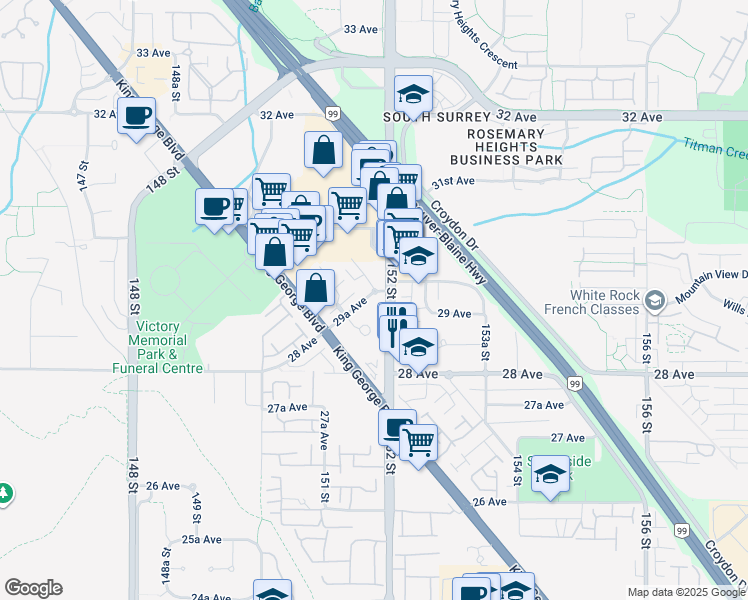 map of restaurants, bars, coffee shops, grocery stores, and more near in Surrey