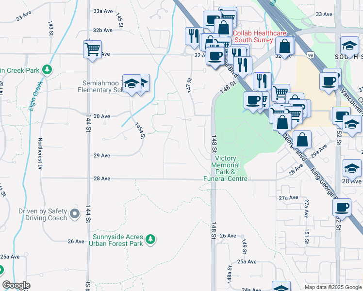 map of restaurants, bars, coffee shops, grocery stores, and more near 2866 146 Street in Surrey