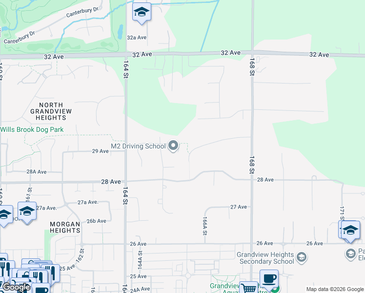 map of restaurants, bars, coffee shops, grocery stores, and more near 2928 165B Street in Surrey