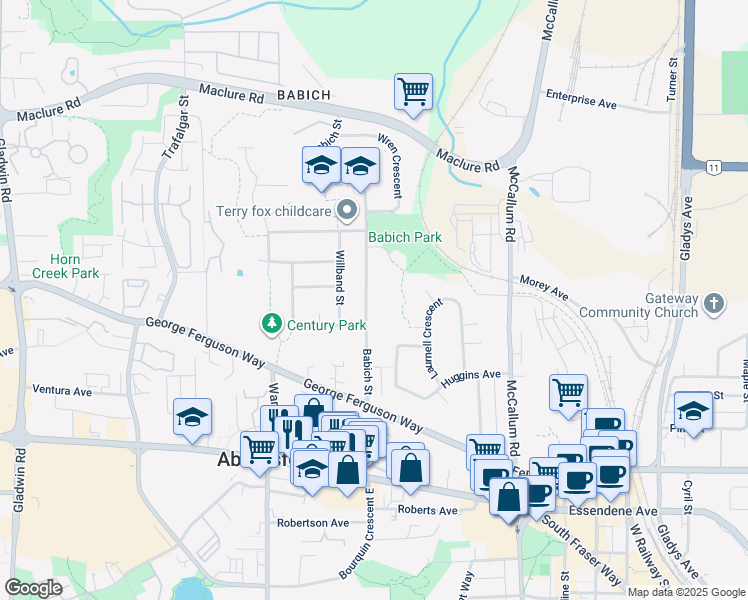 map of restaurants, bars, coffee shops, grocery stores, and more near 2912 Babich Street in Abbotsford