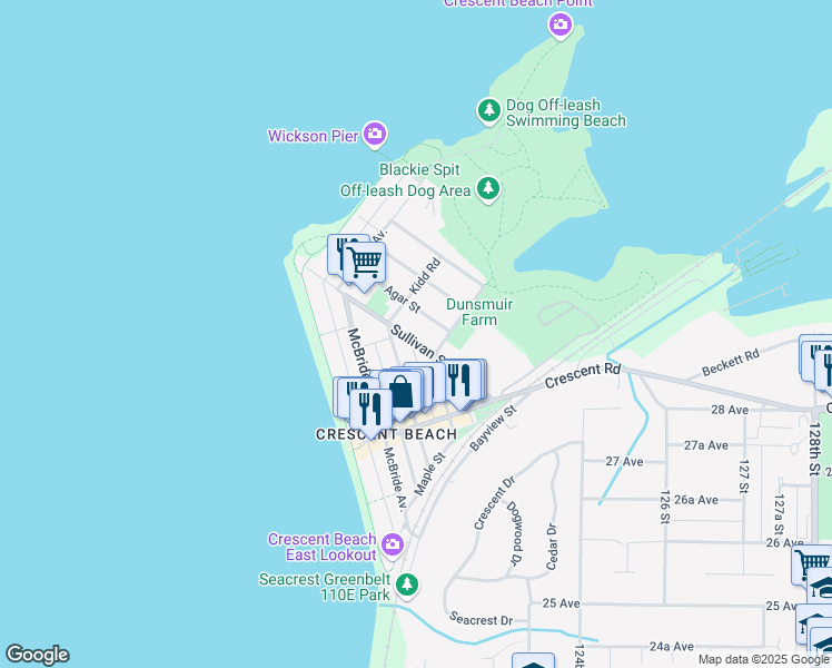 map of restaurants, bars, coffee shops, grocery stores, and more near 12237 Sullivan Street in Surrey