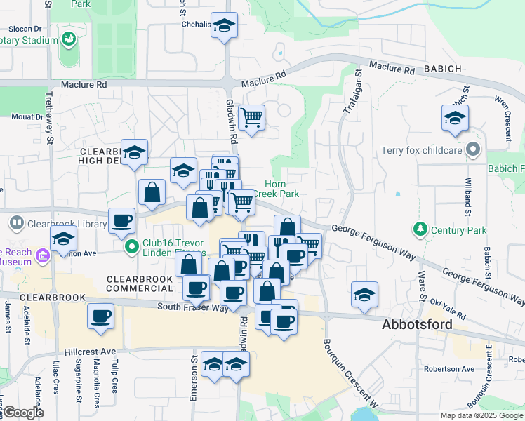 map of restaurants, bars, coffee shops, grocery stores, and more near in Abbotsford