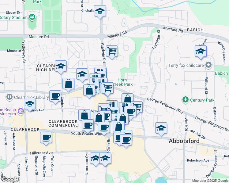 map of restaurants, bars, coffee shops, grocery stores, and more near 32830 George Ferguson Way in Abbotsford