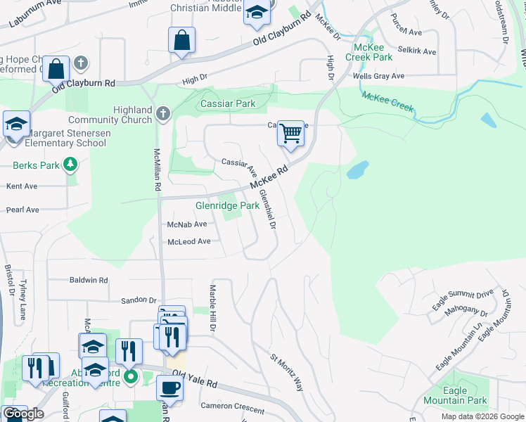 map of restaurants, bars, coffee shops, grocery stores, and more near 2935 Glenshiel Drive in Abbotsford