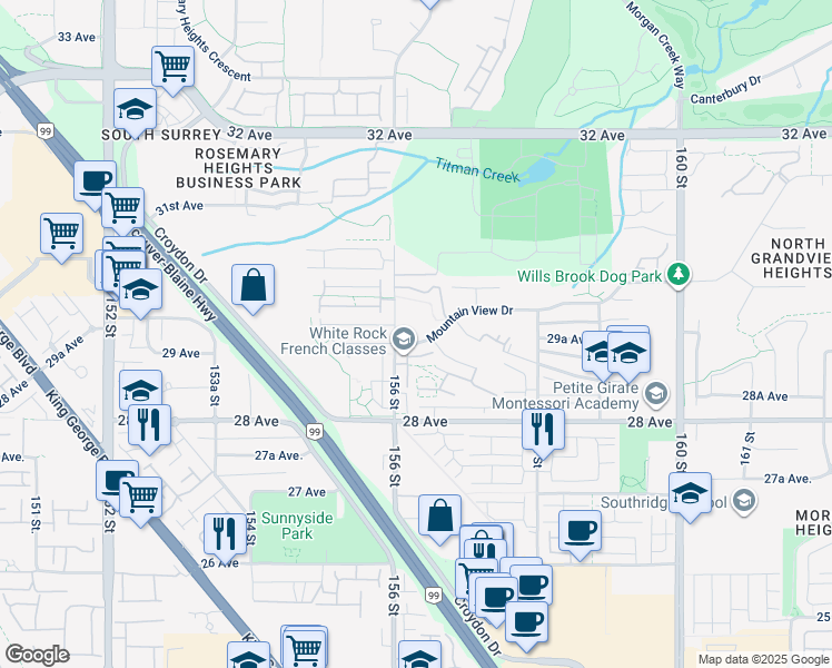 map of restaurants, bars, coffee shops, grocery stores, and more near 15625 Mountain View Drive in Surrey