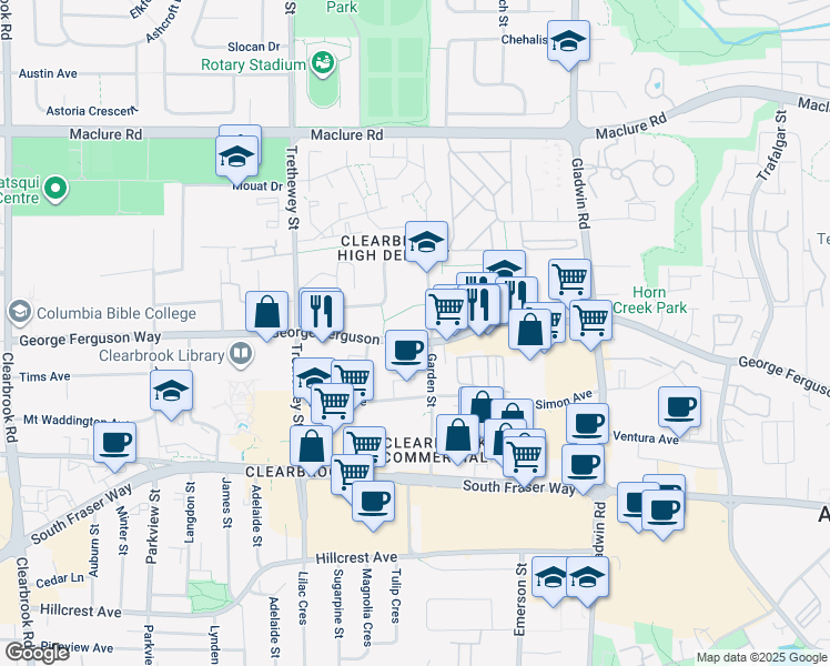 map of restaurants, bars, coffee shops, grocery stores, and more near 32565 George Ferguson Way in Abbotsford