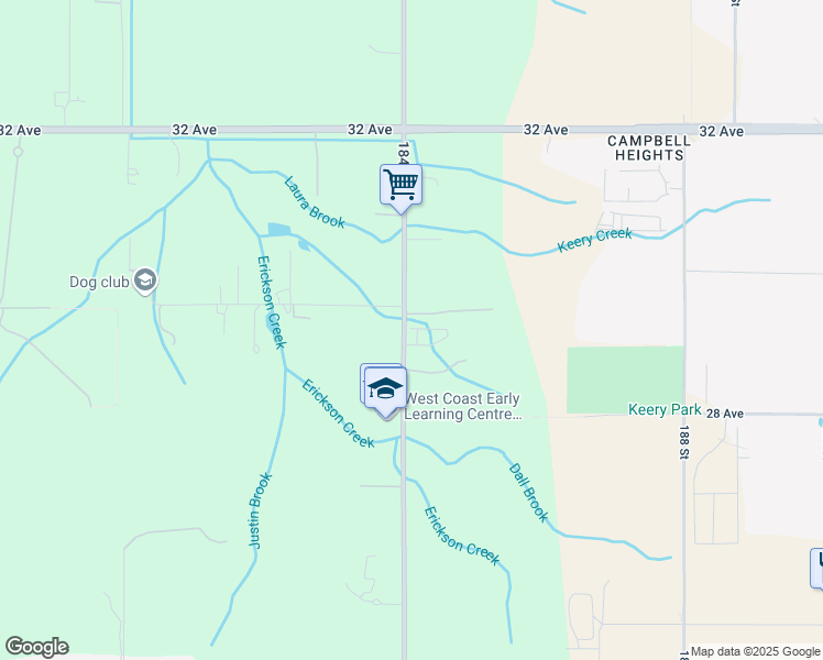 map of restaurants, bars, coffee shops, grocery stores, and more near 2916 184 Street in Surrey