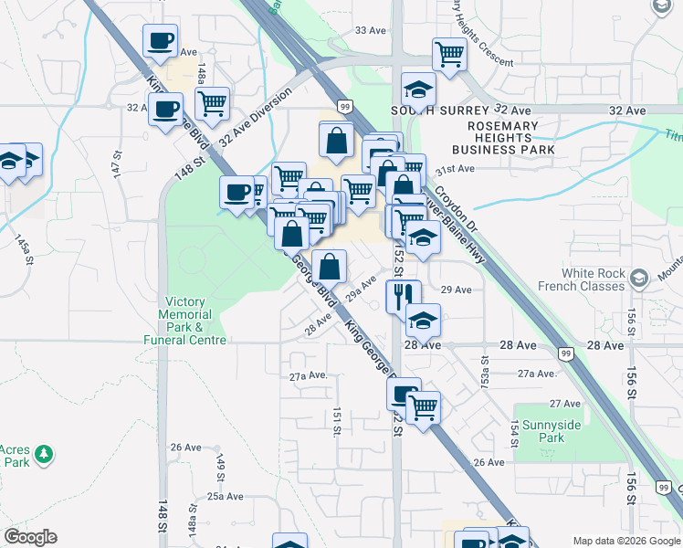 map of restaurants, bars, coffee shops, grocery stores, and more near 15133 29A Avenue in Surrey