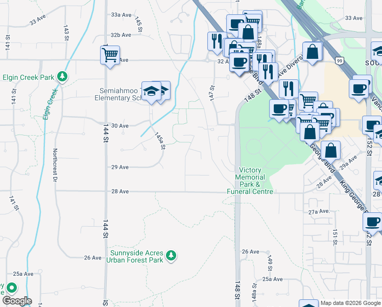 map of restaurants, bars, coffee shops, grocery stores, and more near 2890 146 Street in Surrey