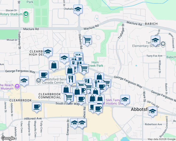 map of restaurants, bars, coffee shops, grocery stores, and more near 32830 George Ferguson Way in Abbotsford