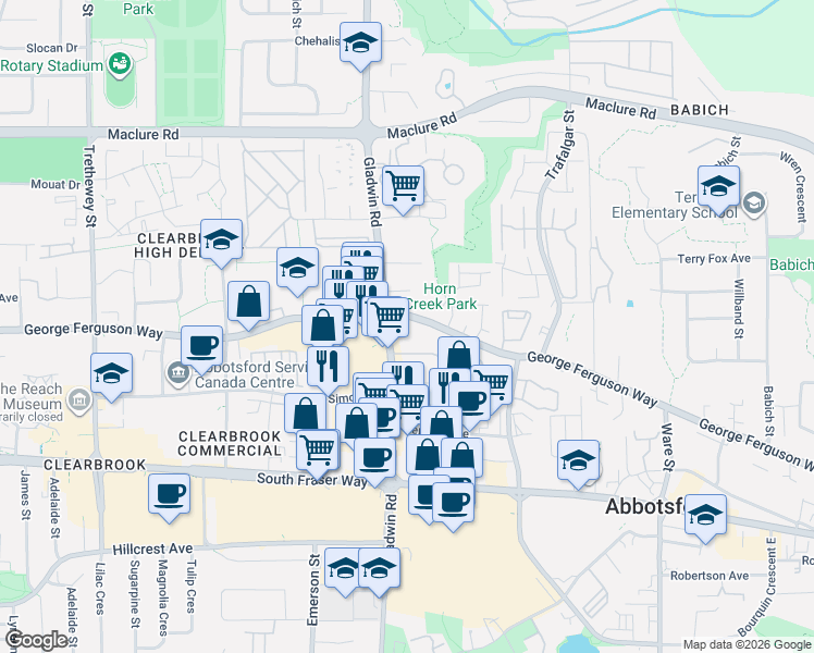 map of restaurants, bars, coffee shops, grocery stores, and more near 32830 George Ferguson Way in Abbotsford