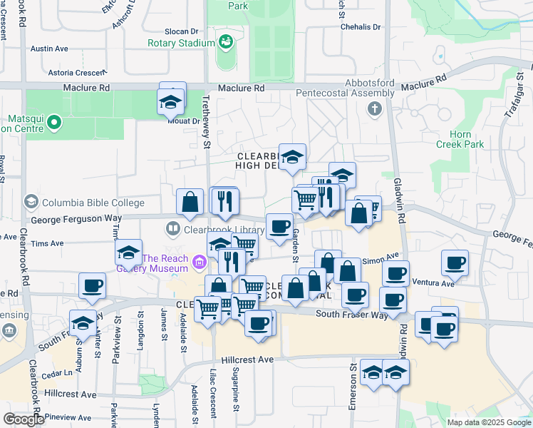 map of restaurants, bars, coffee shops, grocery stores, and more near 32525 George Ferguson Way in Abbotsford