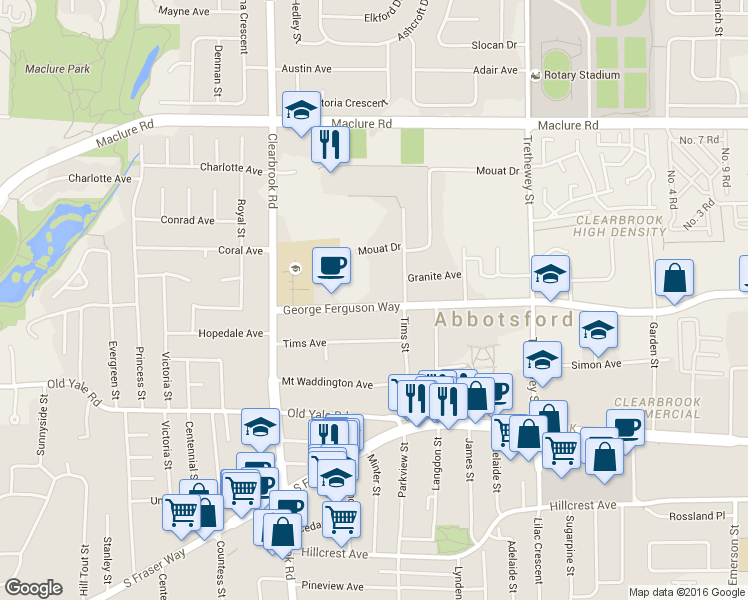 map of restaurants, bars, coffee shops, grocery stores, and more near 32118 George Ferguson Way in Abbotsford
