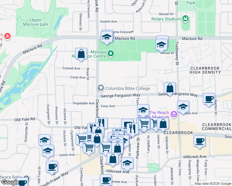 map of restaurants, bars, coffee shops, grocery stores, and more near 32076 George Ferguson Way in Abbotsford