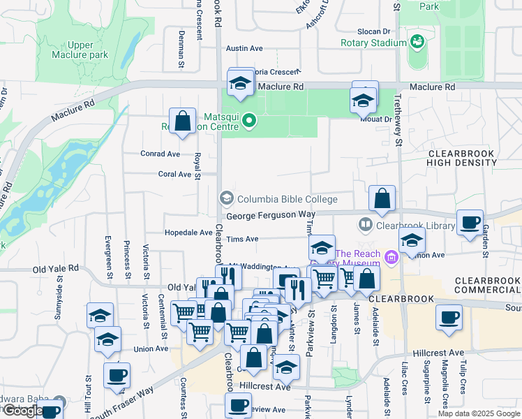 map of restaurants, bars, coffee shops, grocery stores, and more near 32076 George Ferguson Way in Abbotsford