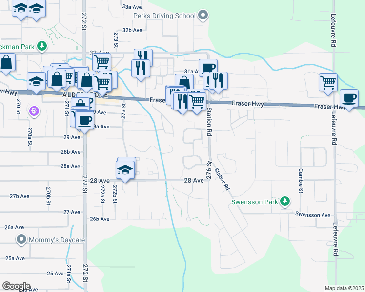 map of restaurants, bars, coffee shops, grocery stores, and more near 128 Springfield Drive in Langley Township
