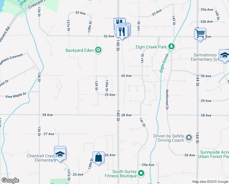 map of restaurants, bars, coffee shops, grocery stores, and more near 13989 29 Avenue in Surrey