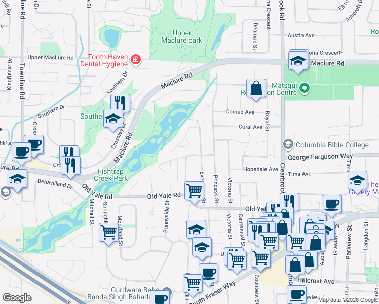 map of restaurants, bars, coffee shops, grocery stores, and more near 31705 Upland Crescent in Abbotsford