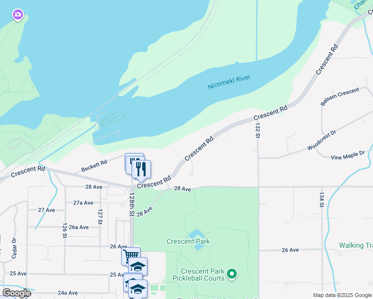 map of restaurants, bars, coffee shops, grocery stores, and more near 12969 Crescent Road in Surrey