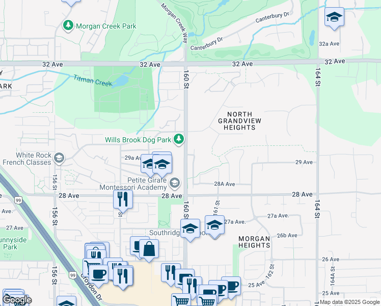 map of restaurants, bars, coffee shops, grocery stores, and more near 2926 160 Street in Surrey