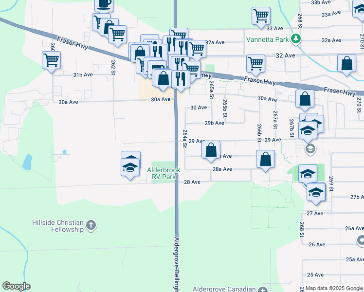 map of restaurants, bars, coffee shops, grocery stores, and more near 2883 264A Street in Langley Township