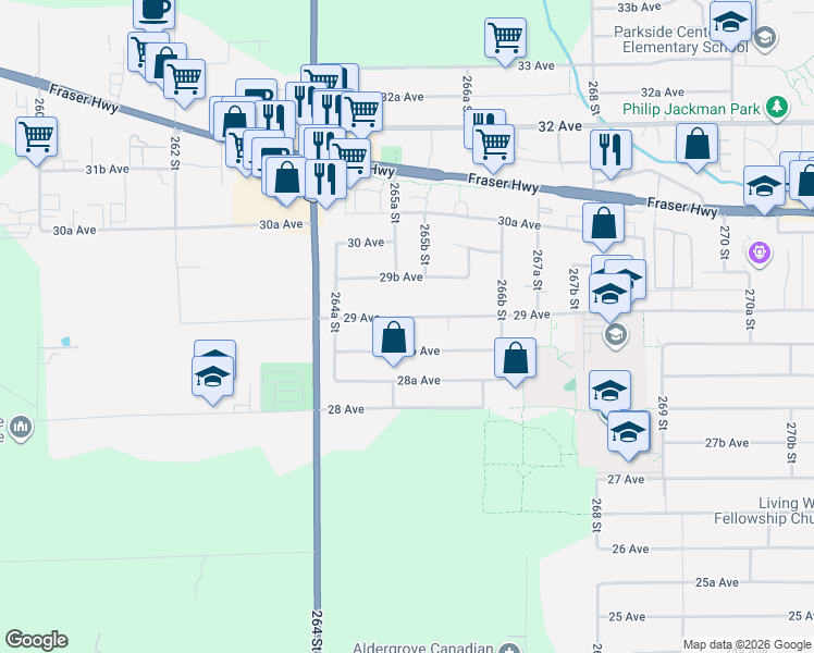 map of restaurants, bars, coffee shops, grocery stores, and more near 26518 28B Avenue in Langley Township