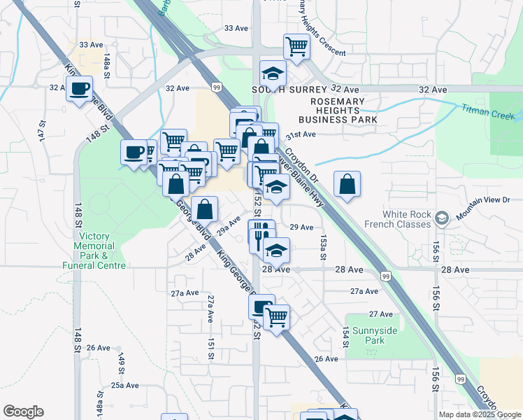 map of restaurants, bars, coffee shops, grocery stores, and more near 15210 29A Avenue in Surrey
