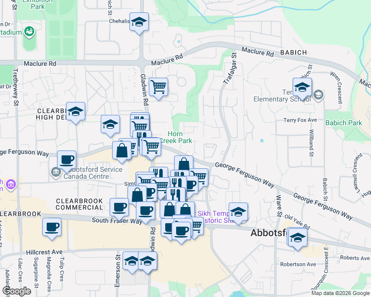 map of restaurants, bars, coffee shops, grocery stores, and more near 32885 George Ferguson Way in Abbotsford