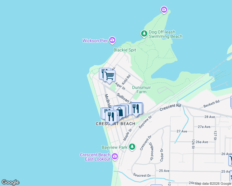 map of restaurants, bars, coffee shops, grocery stores, and more near Sullivan Street in Surrey