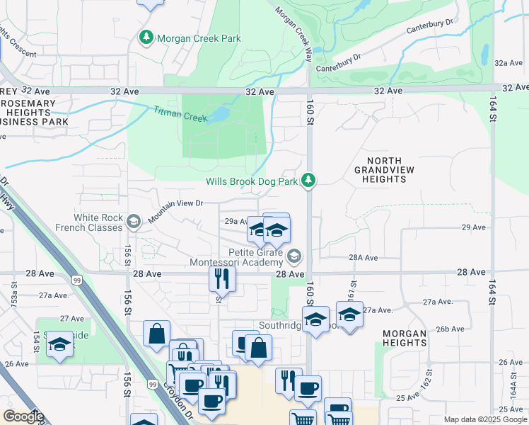 map of restaurants, bars, coffee shops, grocery stores, and more near 2978 159 Street in Surrey