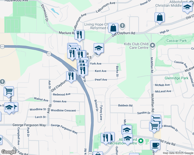 map of restaurants, bars, coffee shops, grocery stores, and more near 34477 Pearl Avenue in Abbotsford