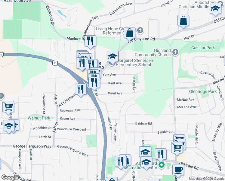 map of restaurants, bars, coffee shops, grocery stores, and more near 34487 Pearl Avenue in Abbotsford