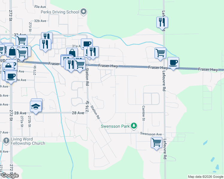 map of restaurants, bars, coffee shops, grocery stores, and more near 2915 Bergman Street in Abbotsford