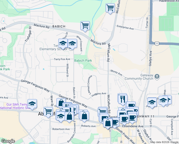 map of restaurants, bars, coffee shops, grocery stores, and more near 2956 Aurora Place in Abbotsford