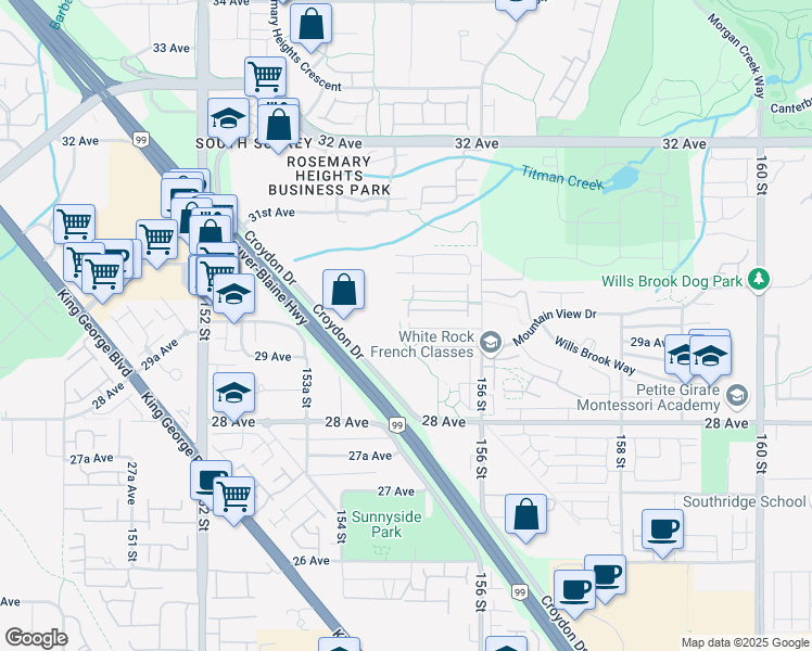 map of restaurants, bars, coffee shops, grocery stores, and more near 2955 156 Street in Surrey