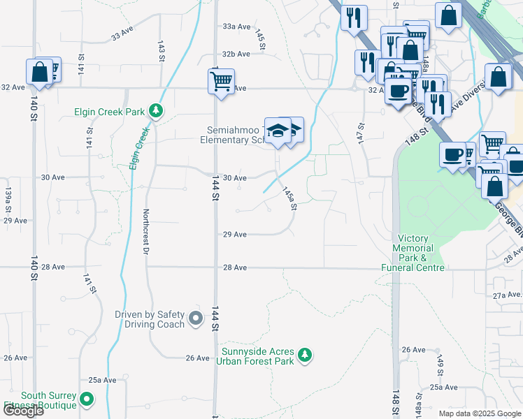 map of restaurants, bars, coffee shops, grocery stores, and more near 14492 29A Avenue in Surrey