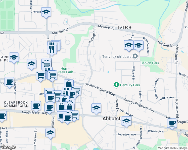 map of restaurants, bars, coffee shops, grocery stores, and more near 2989 Trafalgar Street in Abbotsford