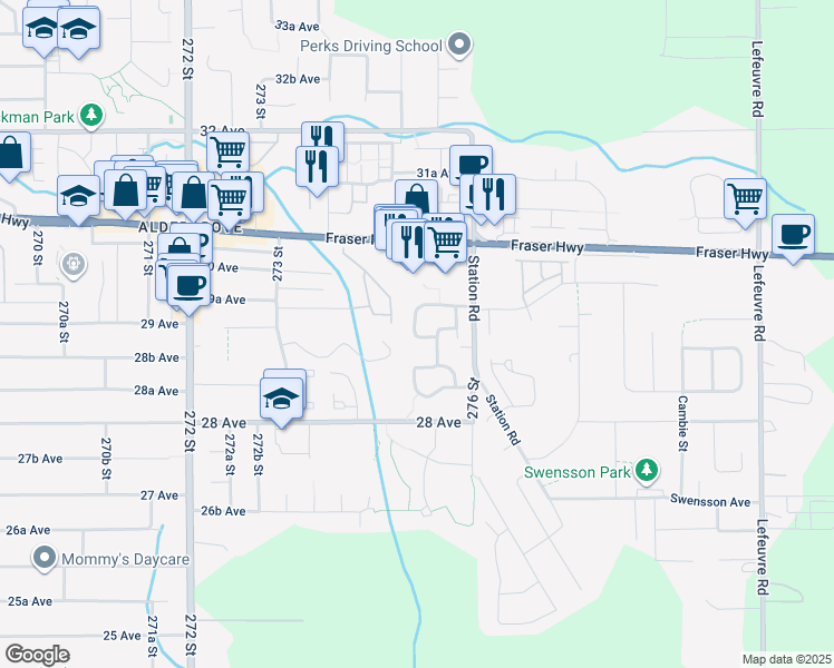 map of restaurants, bars, coffee shops, grocery stores, and more near 128 Springfield Drive in Langley