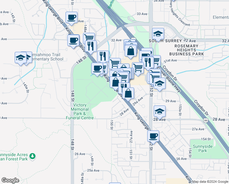 map of restaurants, bars, coffee shops, grocery stores, and more near 2949 King George Boulevard in Surrey
