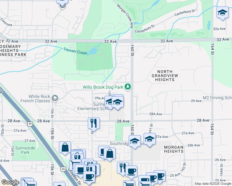 map of restaurants, bars, coffee shops, grocery stores, and more near 2978 159 Street in Surrey