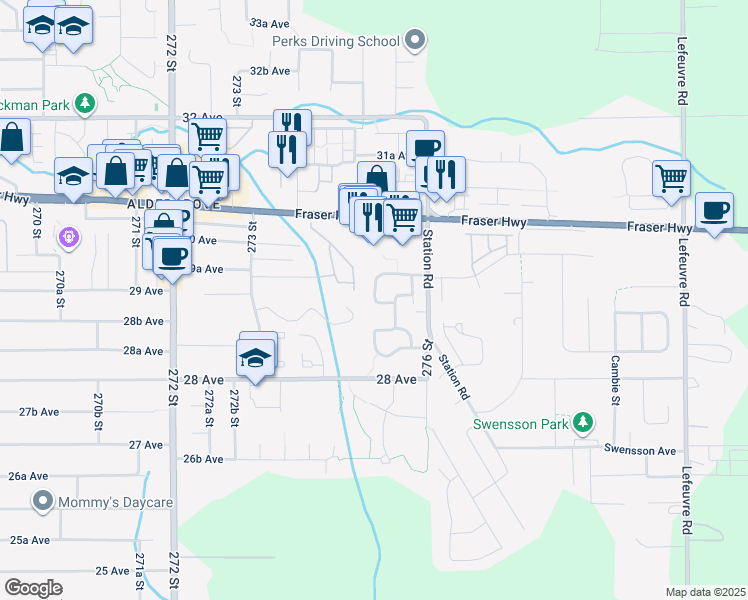 map of restaurants, bars, coffee shops, grocery stores, and more near 134 Springfield Drive in Langley