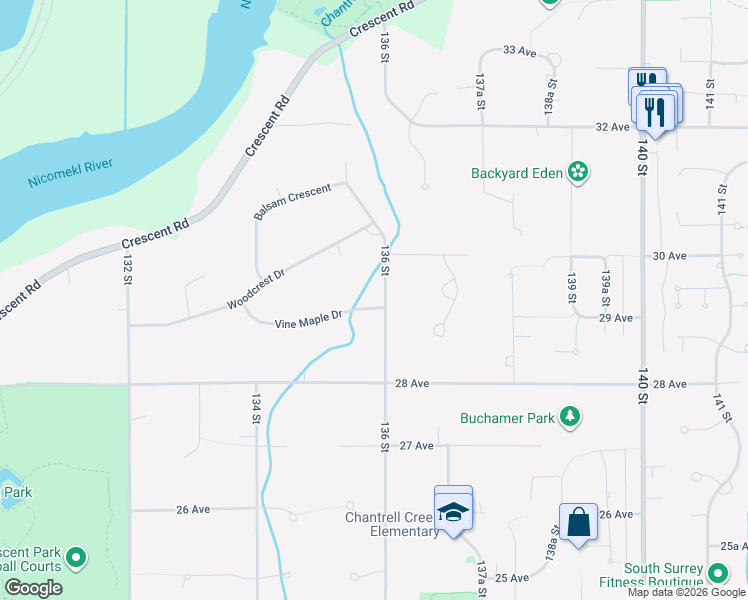 map of restaurants, bars, coffee shops, grocery stores, and more near 2931 136 Street in Surrey